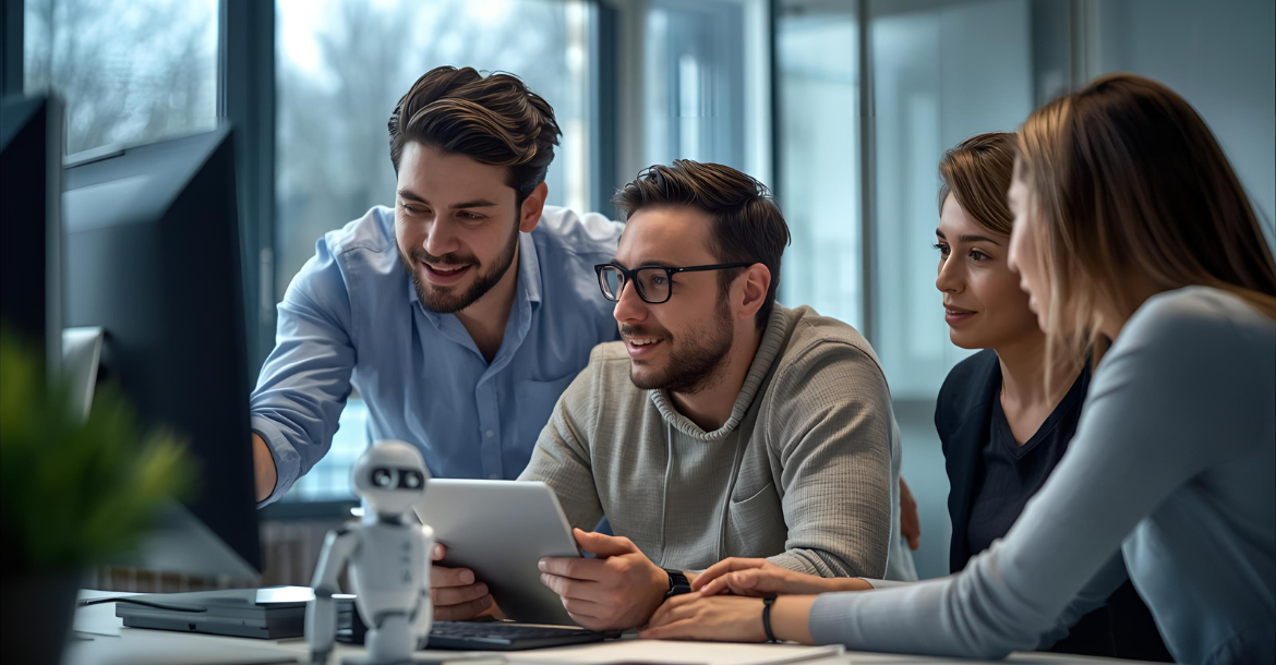 Groupe de personnes travaillant devant un ordinateur et une tablette