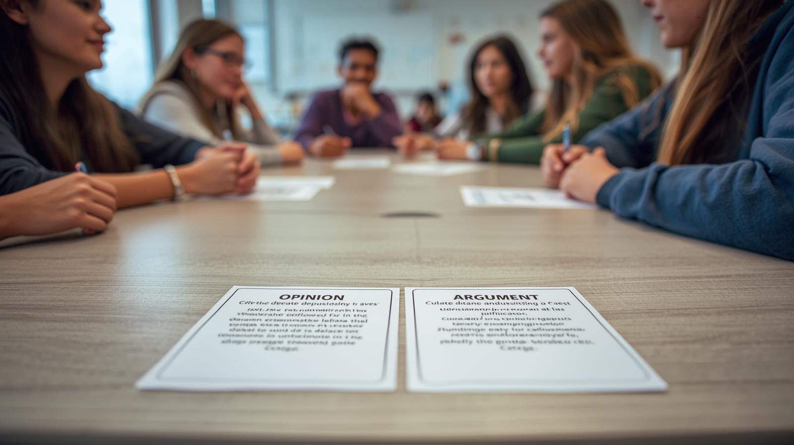 Groupe d’adolescents assis autour d’une table, discutant avec des fiches intitulées Opinion et Argument, dans un atelier de débat.