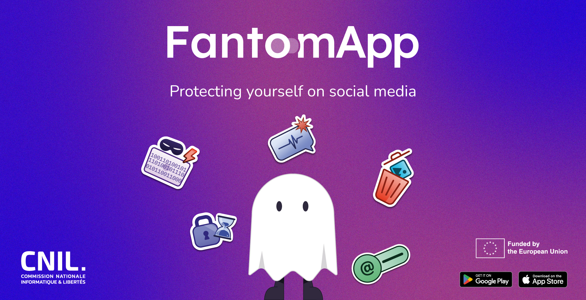 Visuel de présentation de FantomApp, application de la CNIL pour se protéger sur les réseaux sociaux, avec un personnage fantôme entouré d’icônes liées à la sécurité numérique, sur fond violet.