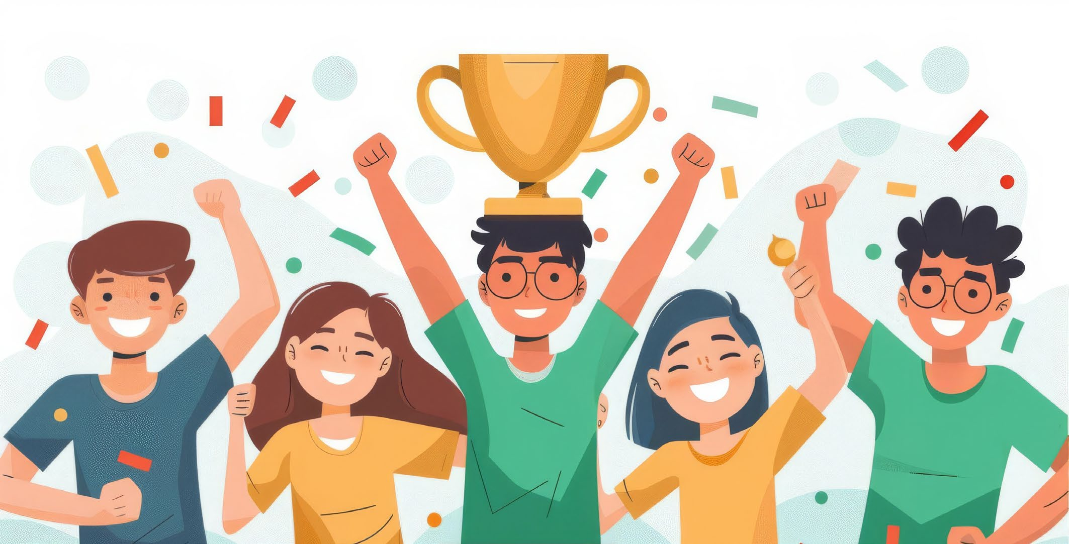 Illustration style dessin/flat design : un petit groupe d’élèves souriants se félicite après une victoire. Au centre, un élève brandit un grand trophée doré au-dessus de sa tête, pendant que les autres lèvent les bras en signe de réussite. Des confettis colorés tombent autour d’eux, créant une ambiance festive et positive (réussite, récompense, esprit d’équipe).