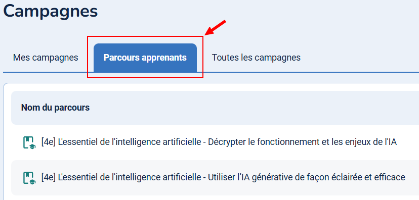 capture d'écran de pix orga pour montrer que les parcours apprenants se trouvent dans la partie Campagnes et dans l'onglet parcours apprenants