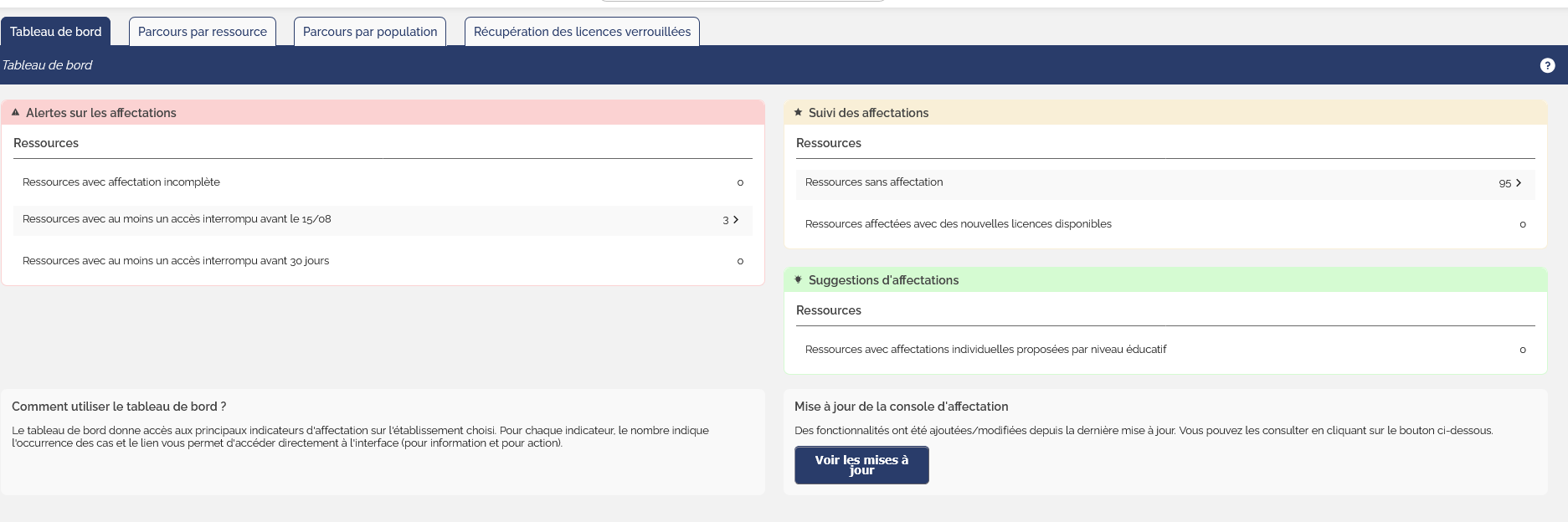 Capture écran interface consolme d'affectation du GAR