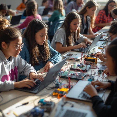 Groupe d’adolescentes travaillant sur des ordinateurs portables, reliés à des cartes électroniques et câbles, dans une ambiance studieuse et collaborative.