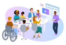 Groupe de parents rassemblés autour d'une table avec des outils numériques
