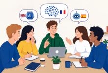Un groupe de 5 jeunes de pays différents qui discutent d'intelligence artificielle