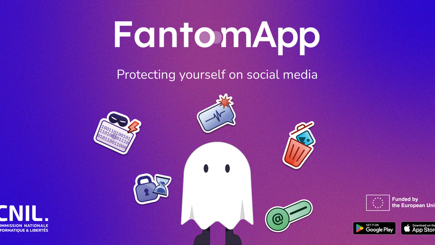 Visuel de présentation de FantomApp, application de la CNIL pour se protéger sur les réseaux sociaux, avec un personnage fantôme entouré d’icônes liées à la sécurité numérique, sur fond violet.