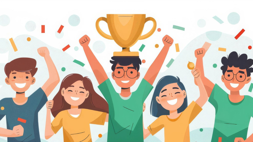Illustration style dessin/flat design : un petit groupe d’élèves souriants se félicite après une victoire. Au centre, un élève brandit un grand trophée doré au-dessus de sa tête, pendant que les autres lèvent les bras en signe de réussite. Des confettis colorés tombent autour d’eux, créant une ambiance festive et positive (réussite, récompense, esprit d’équipe).